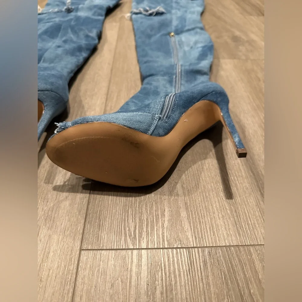 DENIM Over-the-Knee Peep-Toe Boots - Blue - Picture 7 of 9